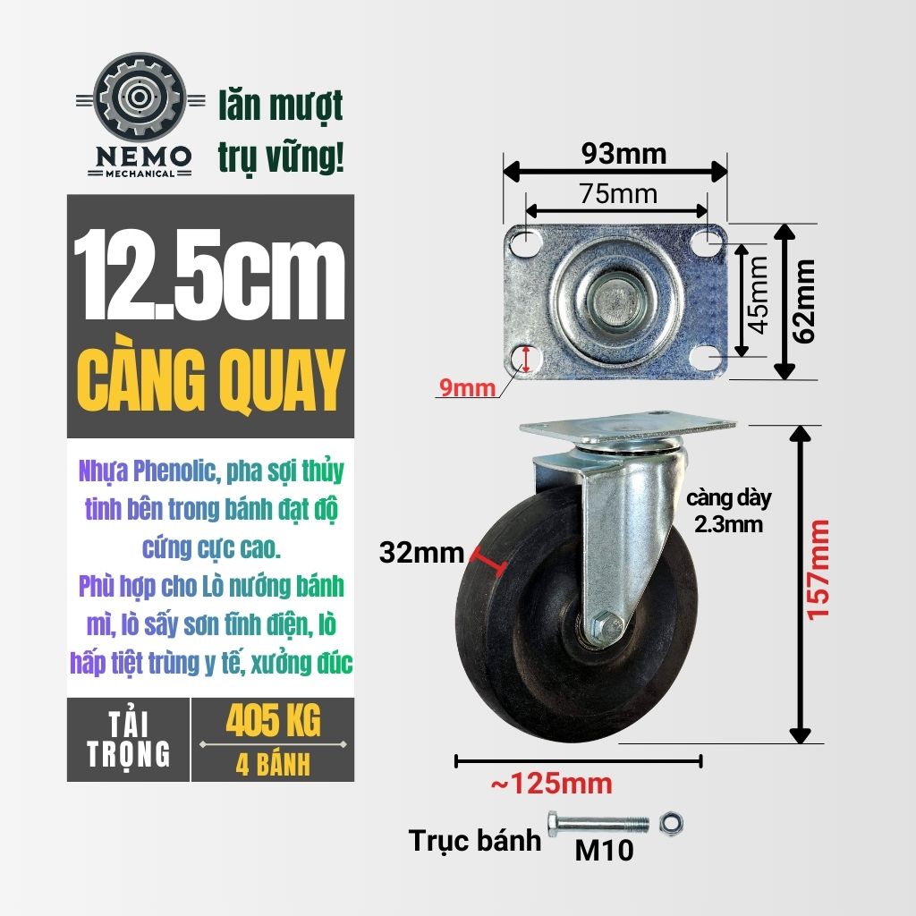 Bánh Xe Phenolic Chịu Nhiệt 280°C – Chuyên Dụng Lò Nướng, Lò Sấy (D75, D100, D125)